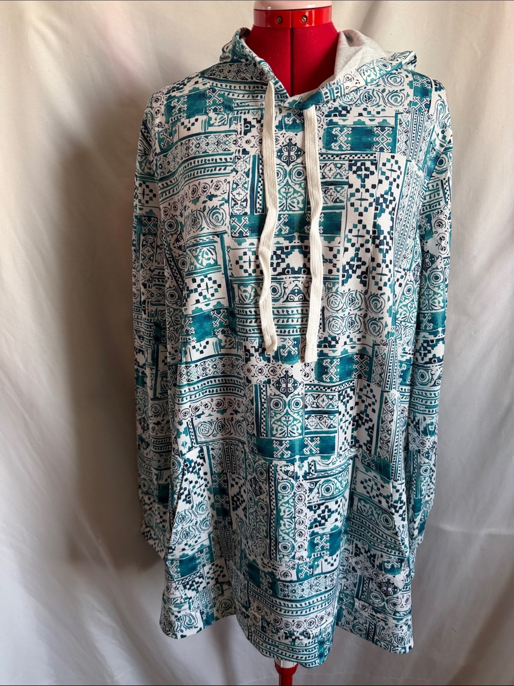 Women's Teal Patterned Hooded Pullover Sweatshirt